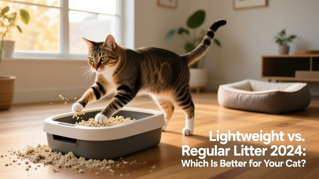Cat confidently using a litter box filled with lightweight litter, with clean paws and no visible tracking