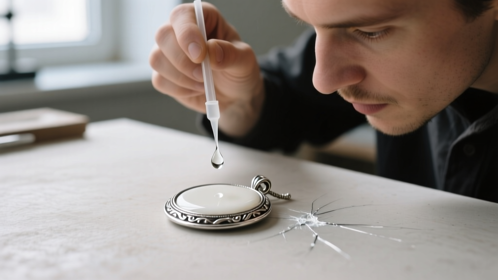 Jeweler applying a drop of nitric acid testing solution to a scratch mark on a silver pendant, revealing a creamy white color reaction.