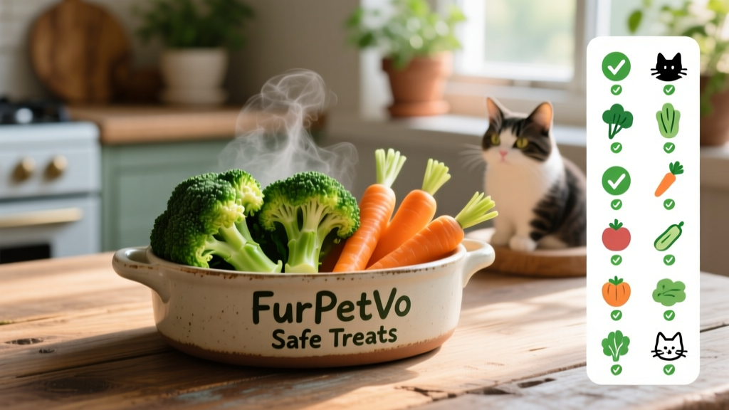Steamed broccoli florets and carrot sticks beside a ceramic dish labeled 'FurPetVo Safe Treats'