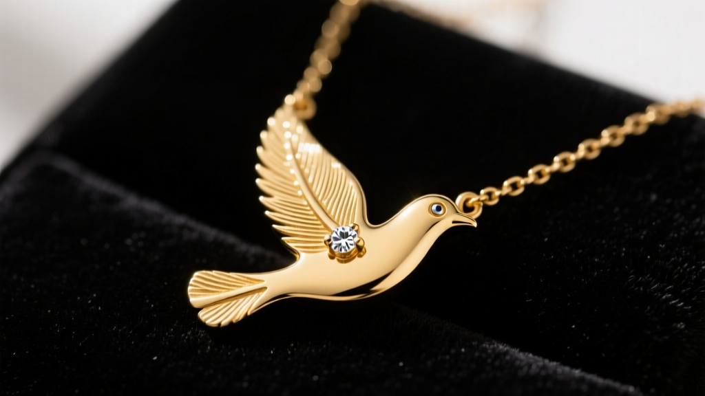 Macro shot of a 14k yellow gold dove necklace pendant on dark velvet, showing detailed feather engravings and a tiny diamond eye.