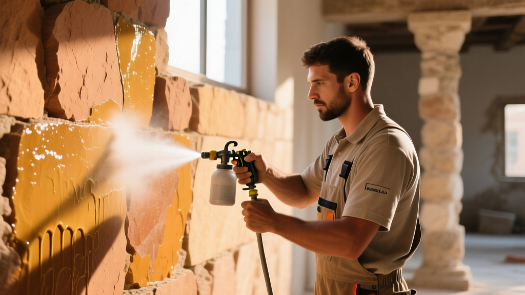 Mason applying breathable siloxane sealer to textured ochre sandstone building material wall using a low-pressure pump sprayer