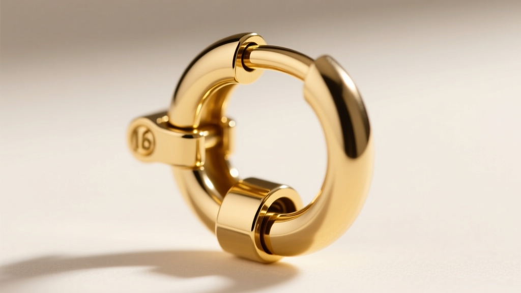 Detailed technical view of a 16-gauge gold huggie hoop clicker clasp mechanism, highlighting the secure interlocking hinge joint.