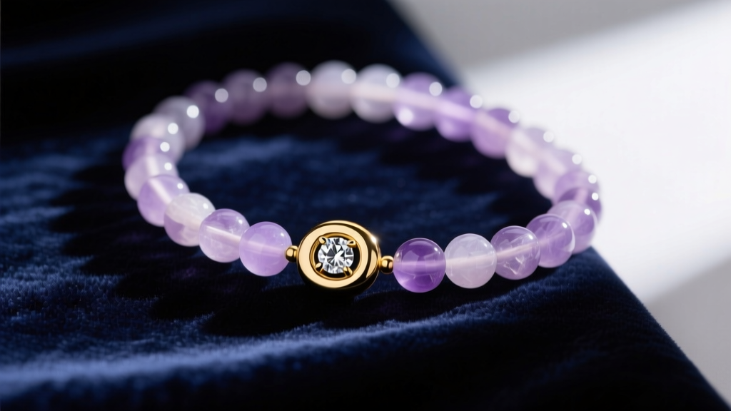 Matte gold enhancer bail with a diamond accent clasped onto lavender quartz beads, resting elegantly on dark navy velvet fabric.