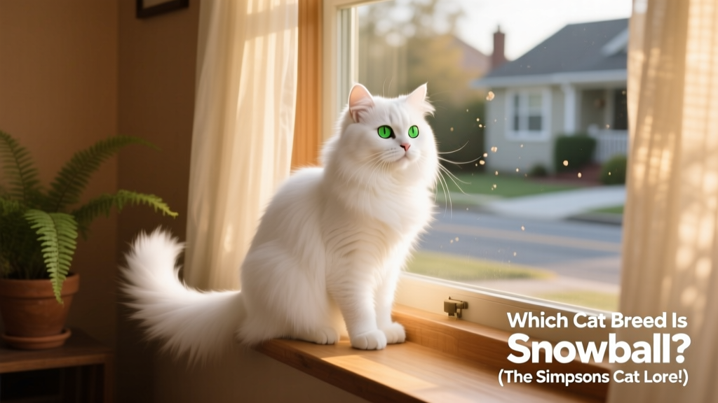 Snowball II perched on the windowsill, tail curled, gazing outside with bright green eyes