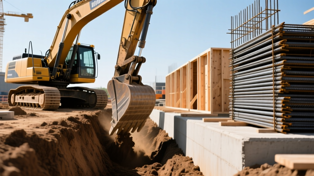 Excavator digging trenches for poured concrete basement foundation next to stacked rebar grids and wooden formwork on site
