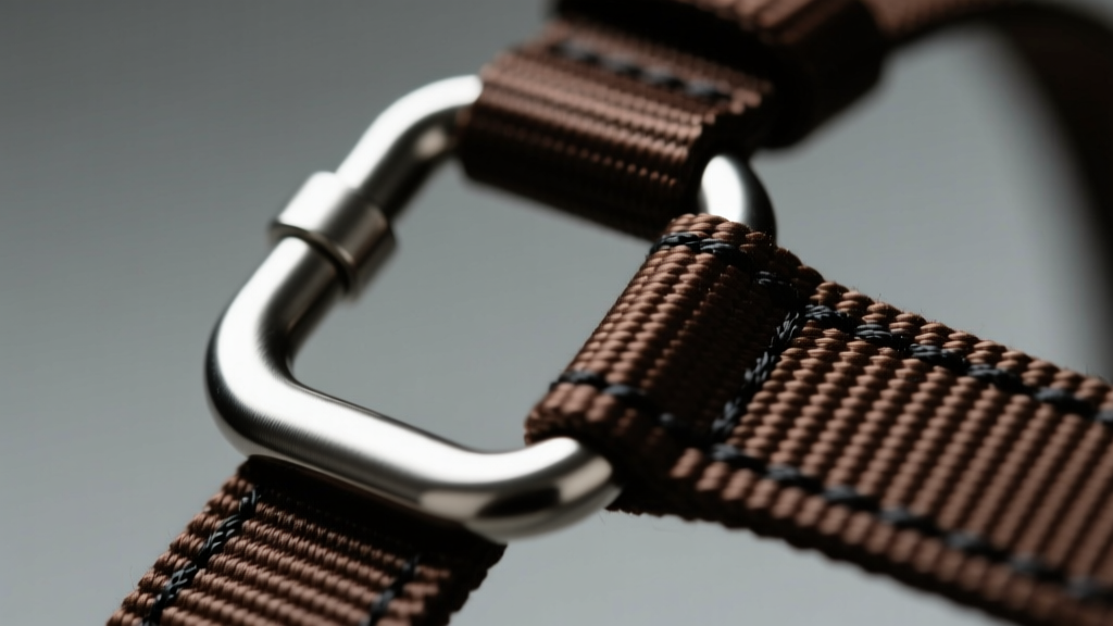 Macro shot of a 316L surgical steel D-ring buckle on dark brown biothane webbing, highlighting polished metal and stitching.