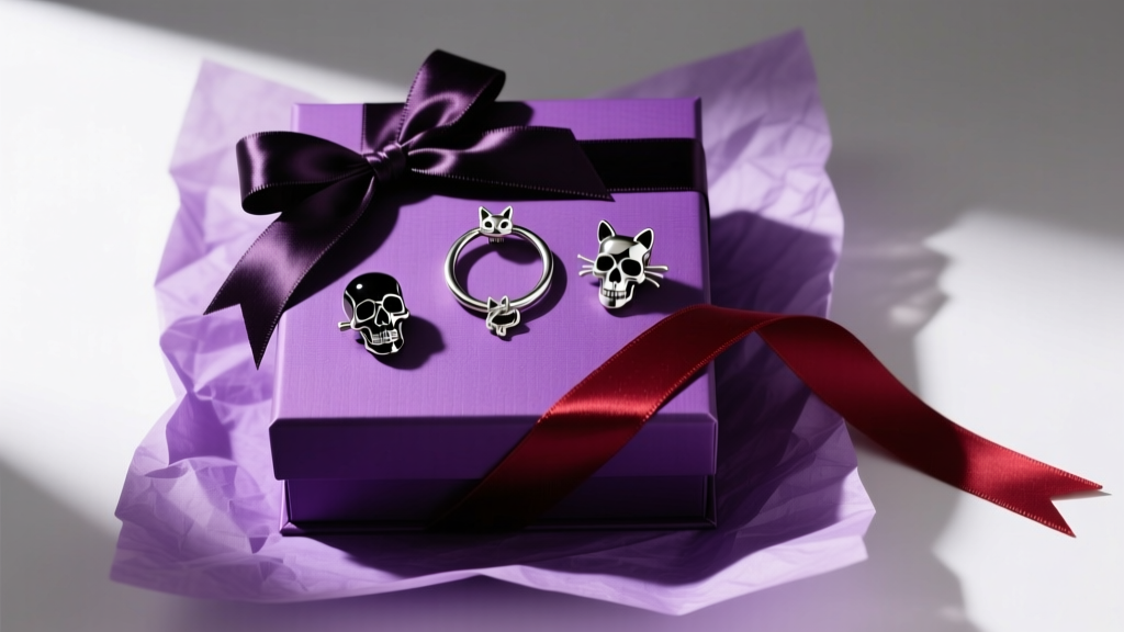Gift box displaying symmetrical skull studs and a Blair cat charm hoop, resting on purple tissue paper with a dark satin ribbon.