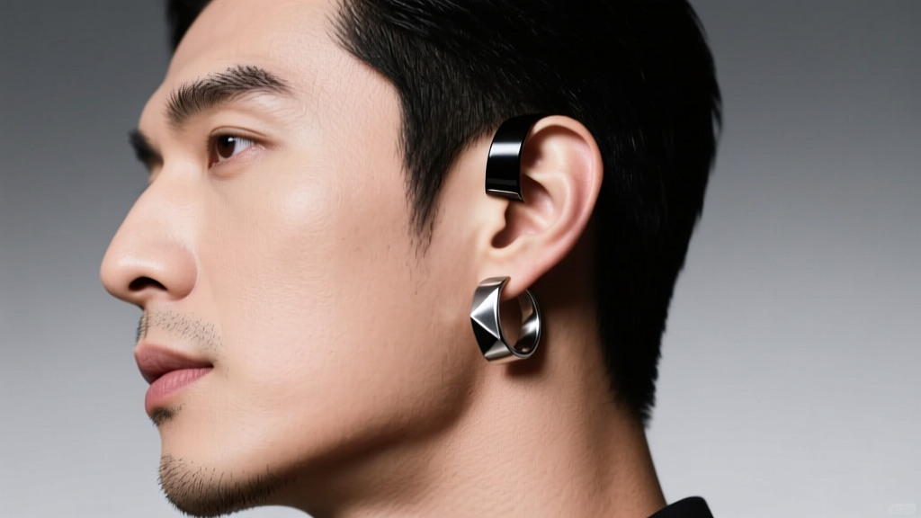 Side profile of a man with ear piercings wearing ASTM F136 titanium huggies and a black niobium ear cuff, studio lighting