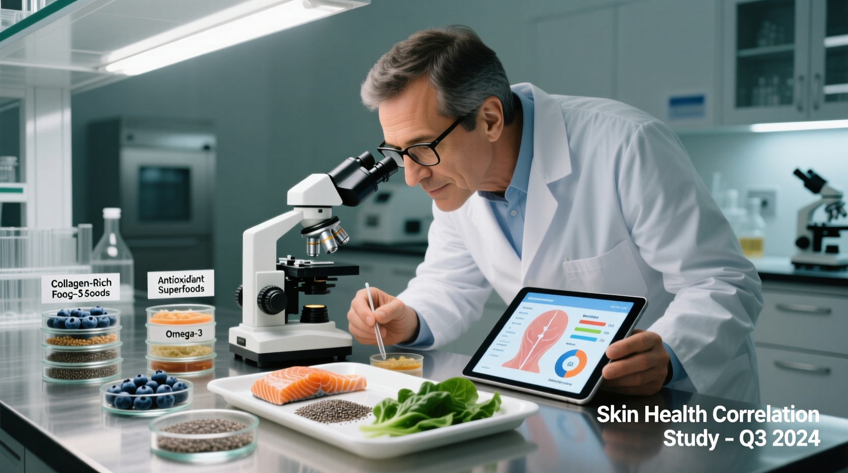 Scientist examining food samples related to skin health