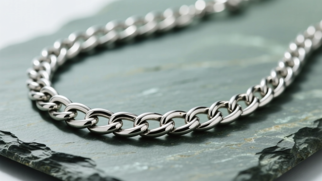 Macro shot of a sterling silver snake chain necklace on slate showing interlocking tubular links and subtle oxidation in crevices.