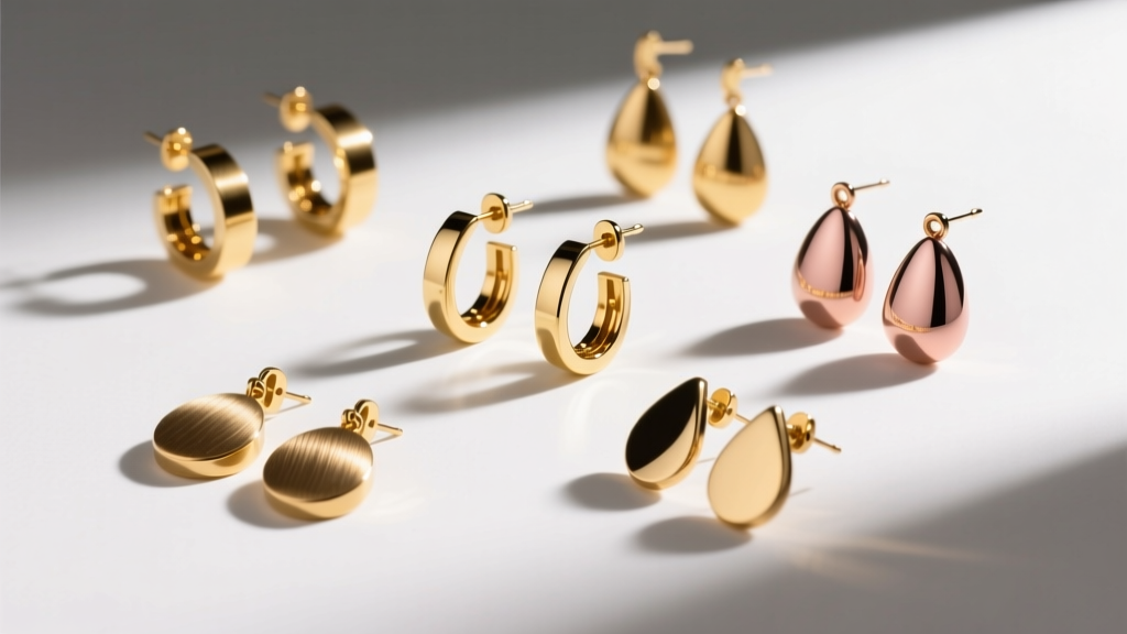 Flat lay of brass, gold vermeil, and 14k gold drop earrings, showing distinct clasp mechanisms and polished metal finish details.