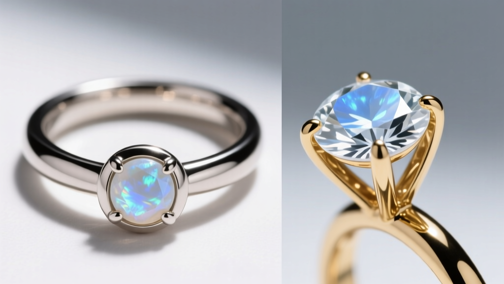 Cross-section jewelry diagram showing a secure bezel setting versus a vulnerable prong setting for a fragile 6mm moonstone gem.
