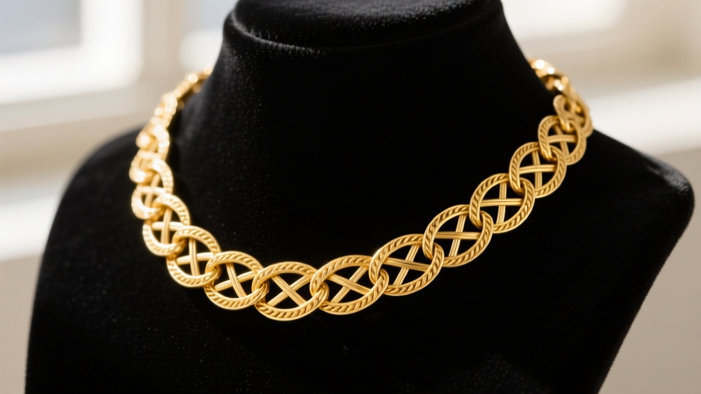 Close-up of an 18k yellow gold Dominican link chain showing intricate woven filigree work resting on a dark velvet jewelry bust.