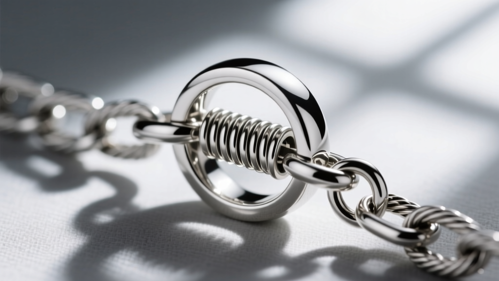 Macro shot of a polished sterling silver bolt ring clasp on a cable chain, highlighting the internal spring and soldered jump ring
