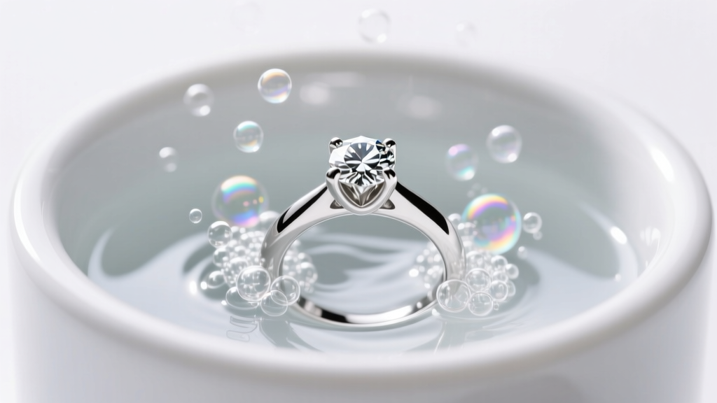 Close-up of a 42kHz ultrasonic cleaner tank with tiny cavitation bubbles surrounding a platinum and diamond engagement ring