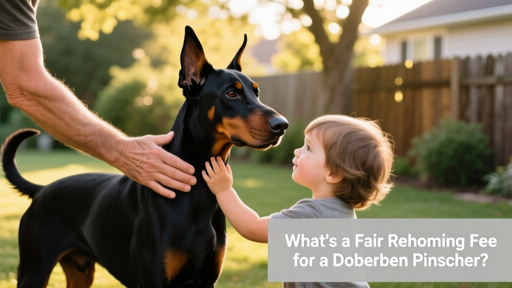 Two hands—one belonging to an adult, the other to a child—gently petting a gentle-looking Doberman Pinscher outdoors