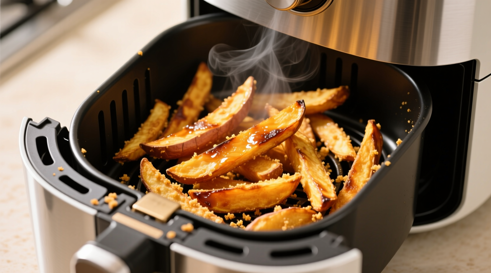 Golden crispy sweet potato fries fresh from air fryer