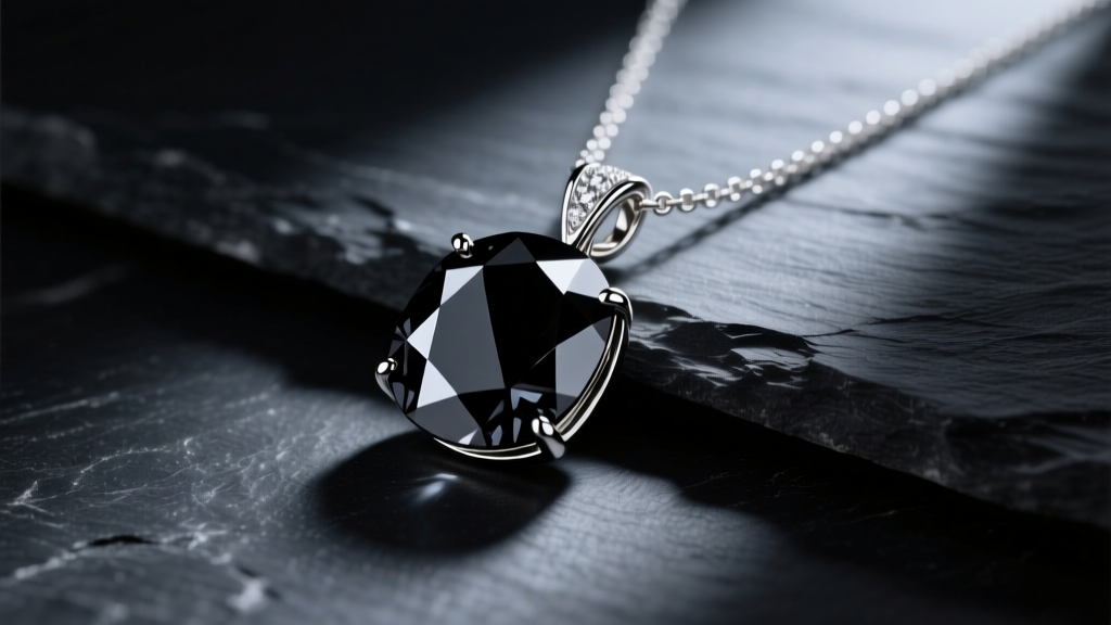 Faceted black spinel pendant necklace in 18k white gold resting on dark slate, illuminated by dramatic, moody studio lighting