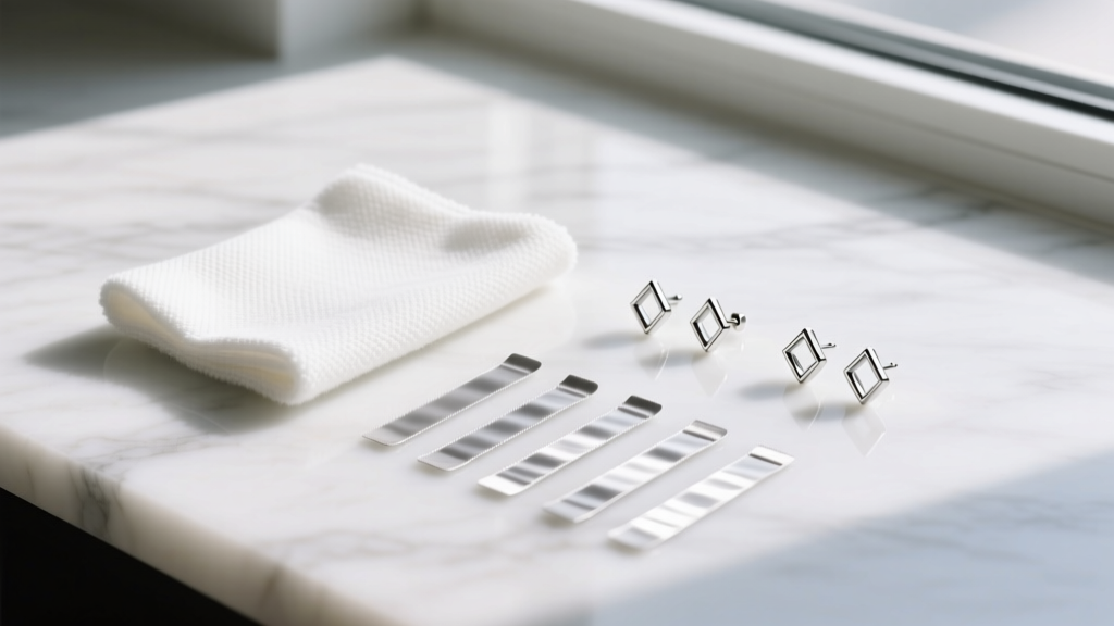Flat lay of earring care supplies including a microfiber cloth, anti-tarnish strips, and minimalist designer studs on marble.