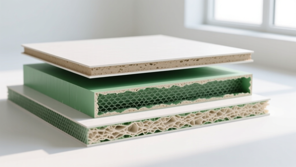 Cross-sections of stacked gypsum board types showing standard paper-faced, green moisture-resistant, and fiberglass-mat panels.