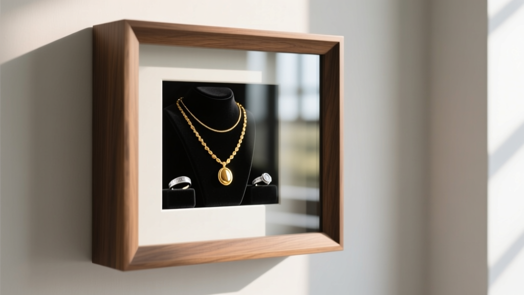 Wall-mounted wooden picture frame jewelry box with glass front, displaying gold necklaces and silver rings on dark velvet