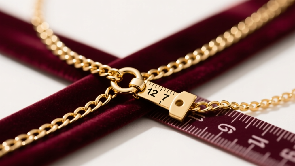 Close-up of a delicate gold chain choker necklace resting on a velvet measuring tape, highlighting a tight 12-inch clasp closure