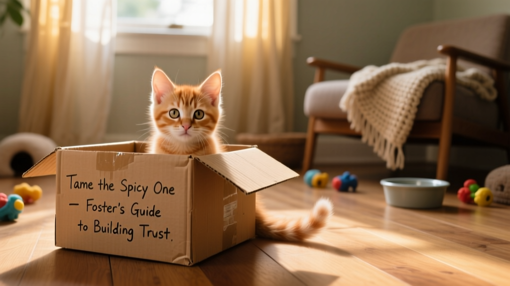 A cautious kitten peeking from behind a cardboard box in a quiet, softly lit room