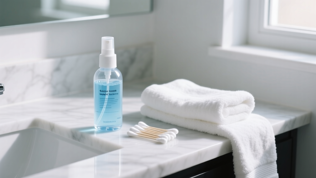 Sterile saline wound wash spray bottle on a marble bathroom counter beside unused cotton swabs and a soft white cotton towel