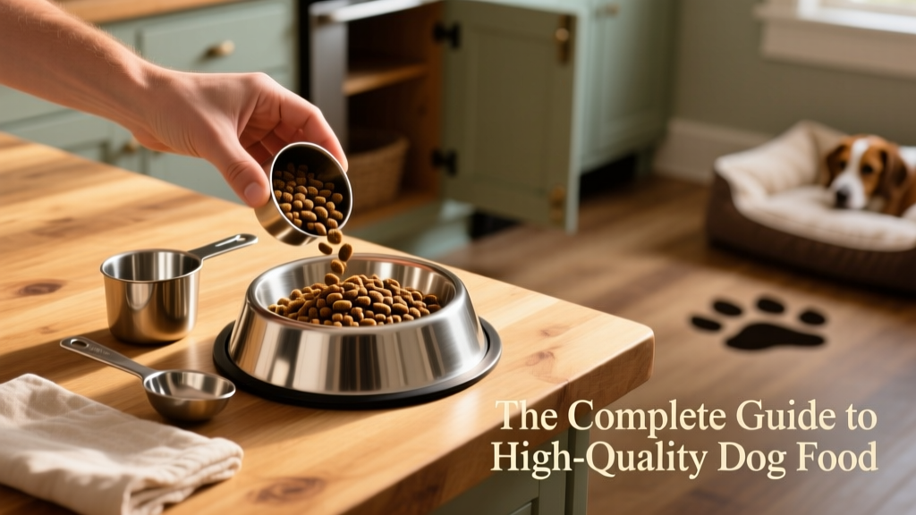 A hand pouring kibble into a stainless steel bowl next to a measuring cup and scoop