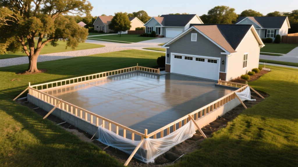 Aerial view of a newly poured concrete foundation for a 24x24 detached garage with wooden framing beginning in a suburban Midwest backyard