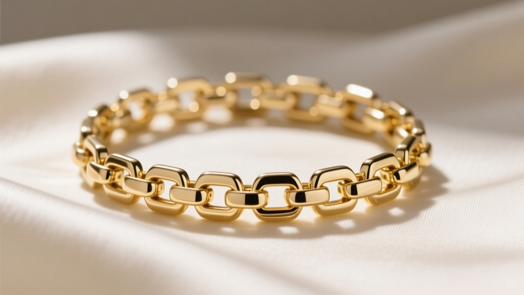 Close-up of a 14k gold box chain on silk, highlighting precise interlocking square links and a bright, polished metal finish.