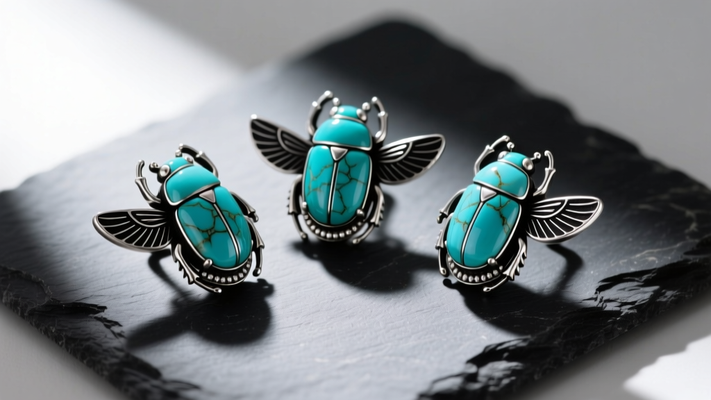 Flat lay of three Egyptian scarab stud earrings carved from natural turquoise, set in oxidized sterling silver bezels on dark slate