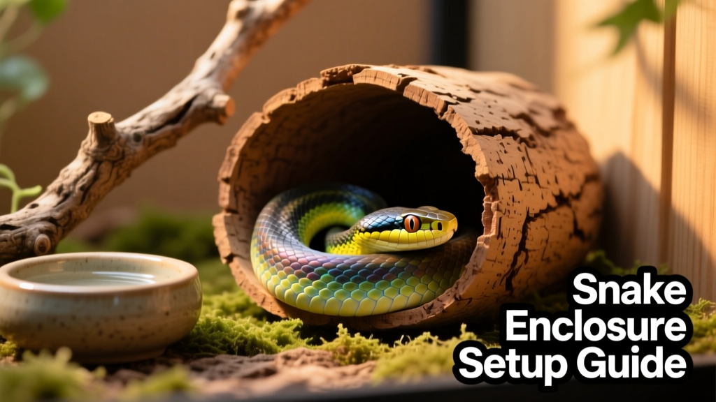 Snake resting inside a cork bark hide next to a water dish and climbing branch