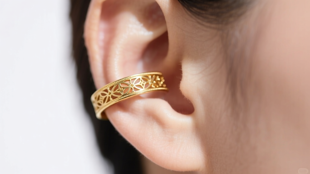Close-up of a delicate 14k gold ear cuff resting on the upper helix cartilage, soft studio lighting, elegant mood, sharp focus.
