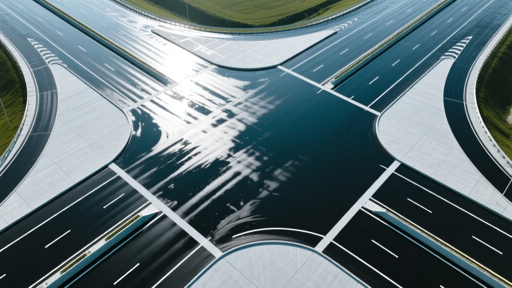 Aerial view of a newly paved highway intersection showing a sharp contrast between light gray concrete and dark black asphalt surfaces