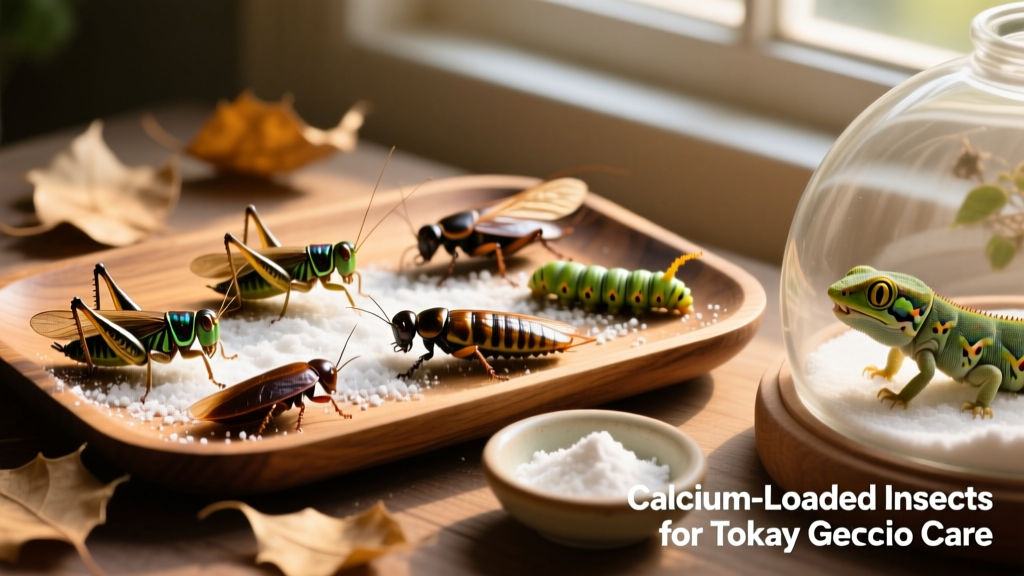 A variety of gut-loaded insects—crickets, roaches, and hornworms—dusted with calcium supplement, ready for feeding