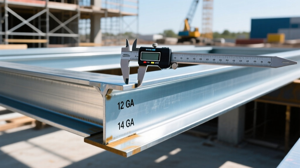 Galvanized steel deck framing joists with gauge stamps measured by digital calipers on a commercial construction site
