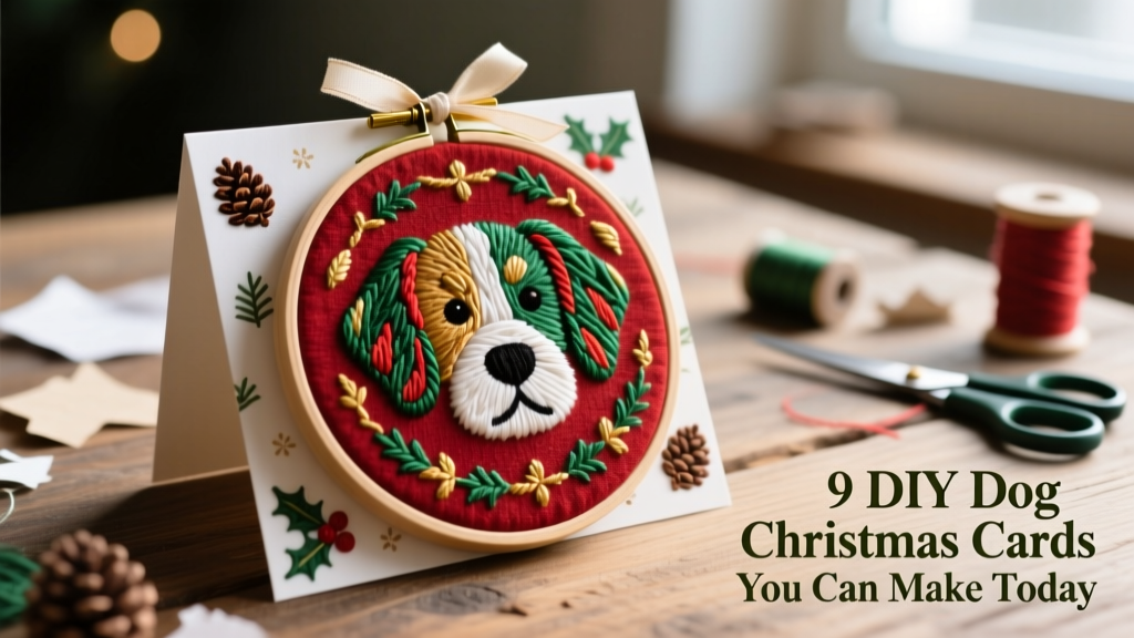 An embroidered hoop card showing a stylized dog face stitched in thread on festive fabric, mounted on a folded holiday card