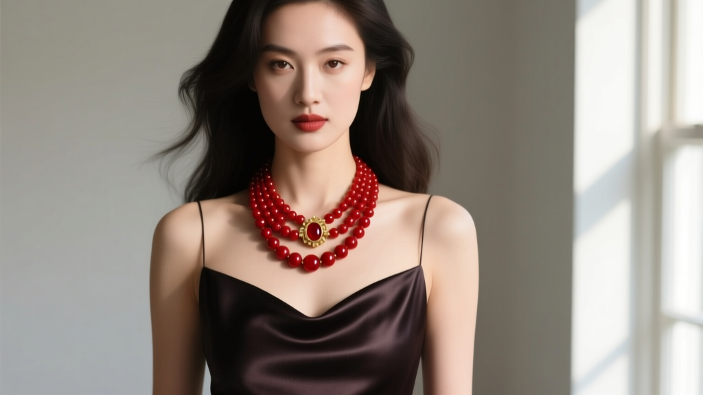 Woman wearing a multi-strand vintage red carnelian bead necklace with a gold clasp, paired with a dark silk evening gown.