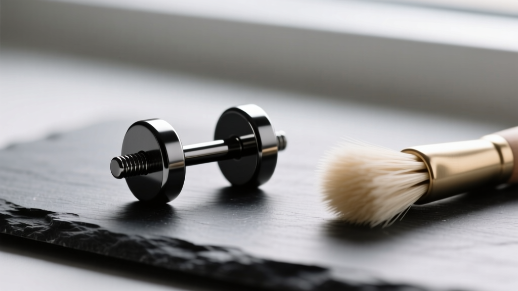 Macro shot of a matte black titanium barbell earring resting on dark slate next to a soft jewelry cleaning brush.
