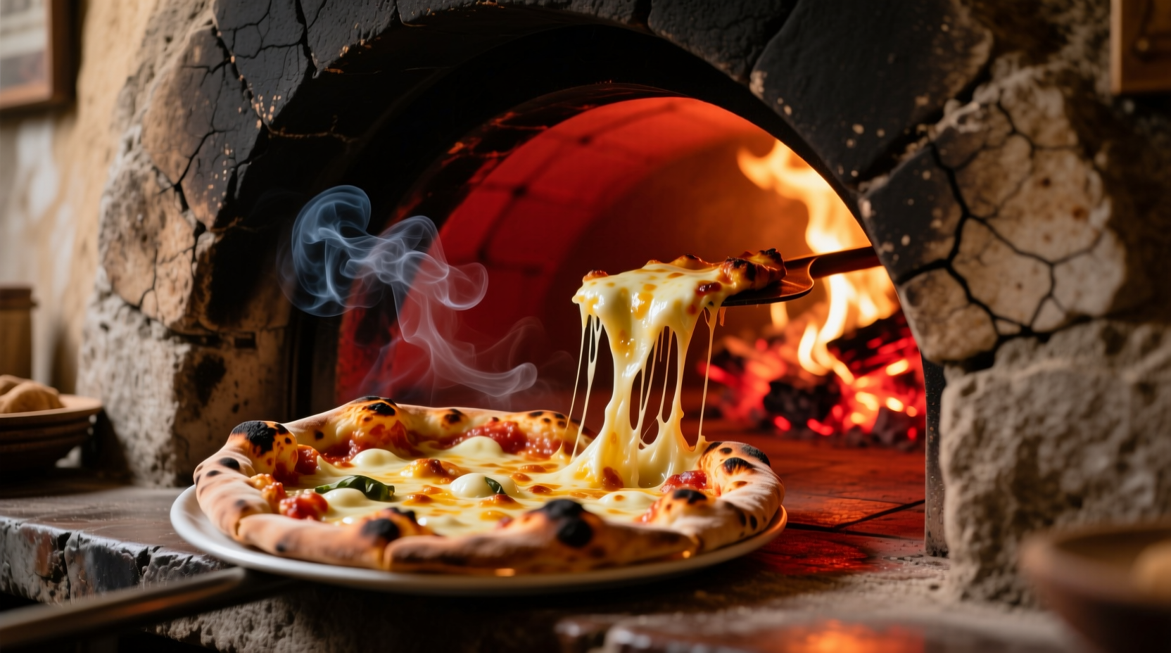 Traditioneller holzbefeuertener Pizzastein mit blubberndem Käse