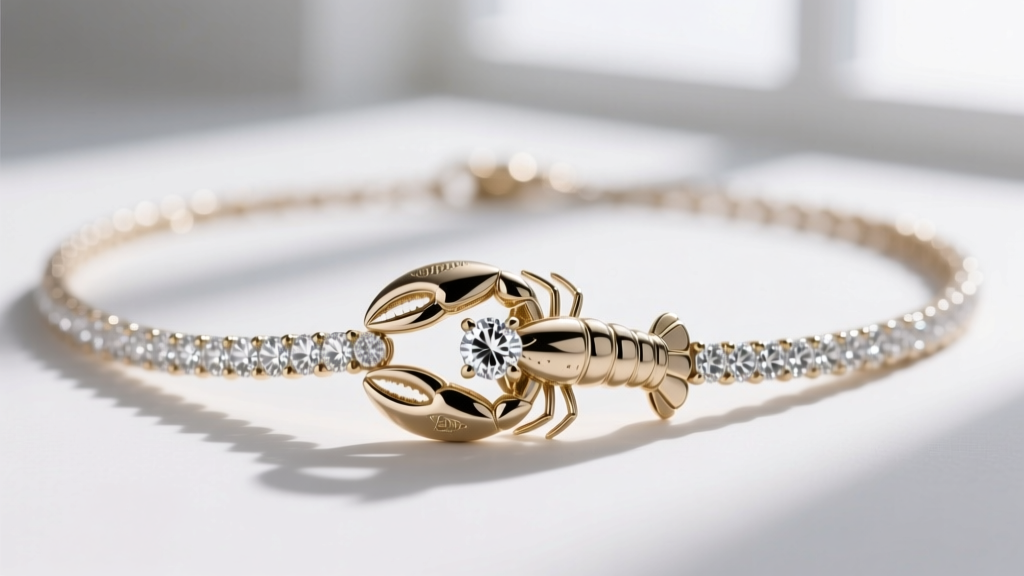 Macro shot of a 14k white gold lobster clasp on an 18-inch diamond station necklace, highlighting metal texture and gem sparkle
