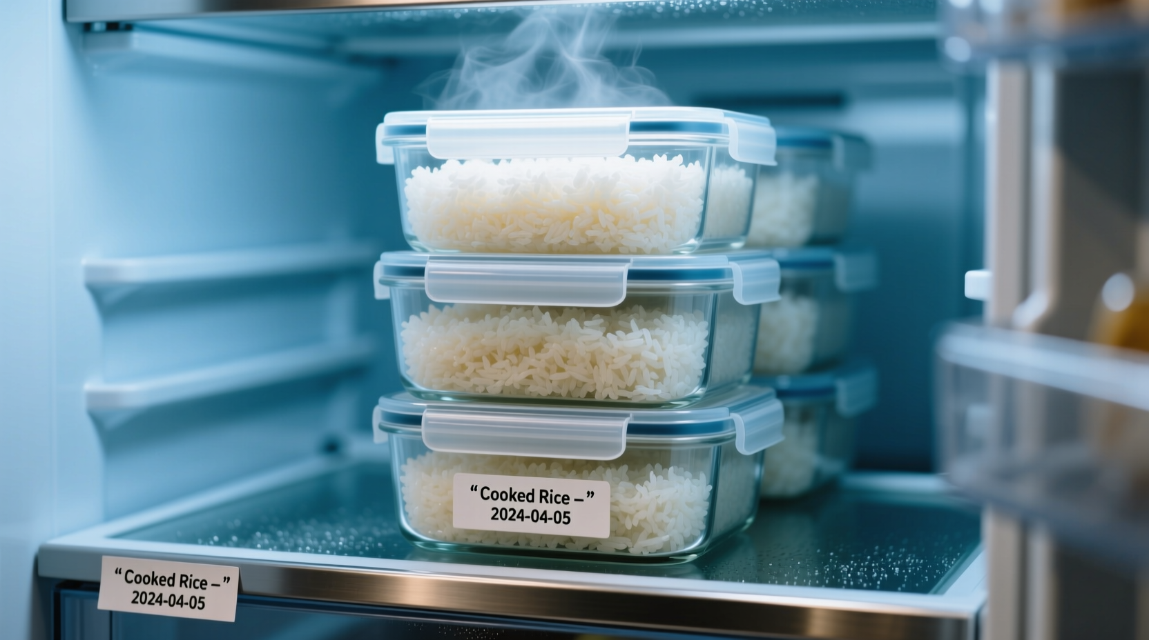 Cooked rice stored in airtight glass containers in refrigerator