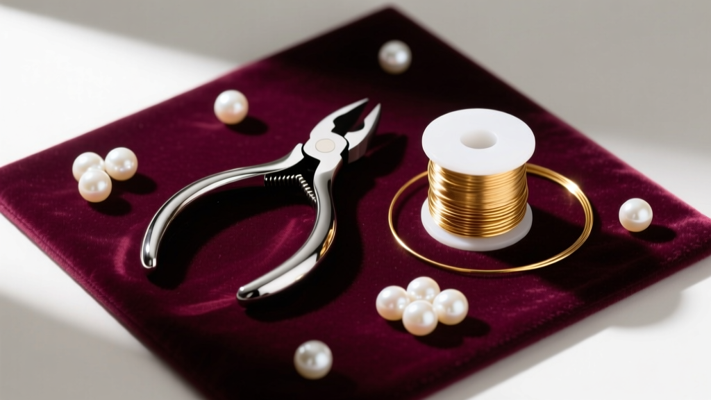 Flat lay of jewelry making tools including round nose pliers, 24-gauge gold-filled wire, and freshwater pearls on a velvet mat.
