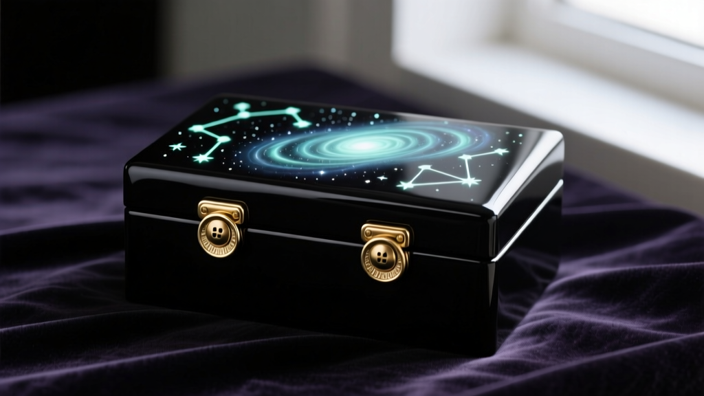Black cold-cast resin Coraline jewelry box with glowing starry night motifs, brass button-eye clasps, resting on dark velvet.