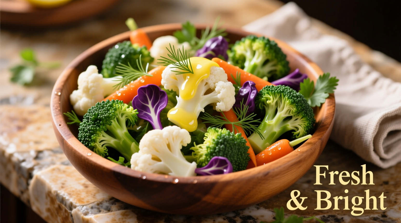 Colorful broccoli cauliflower salad with lemon dressing
