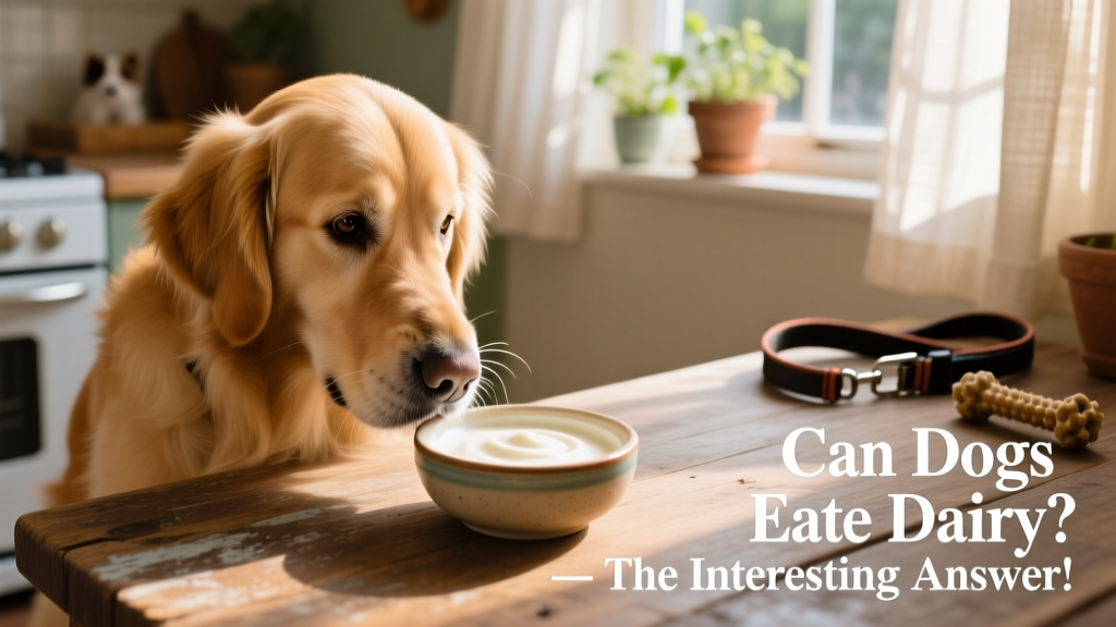 A golden retriever gently sniffing a small bowl of plain yogurt
