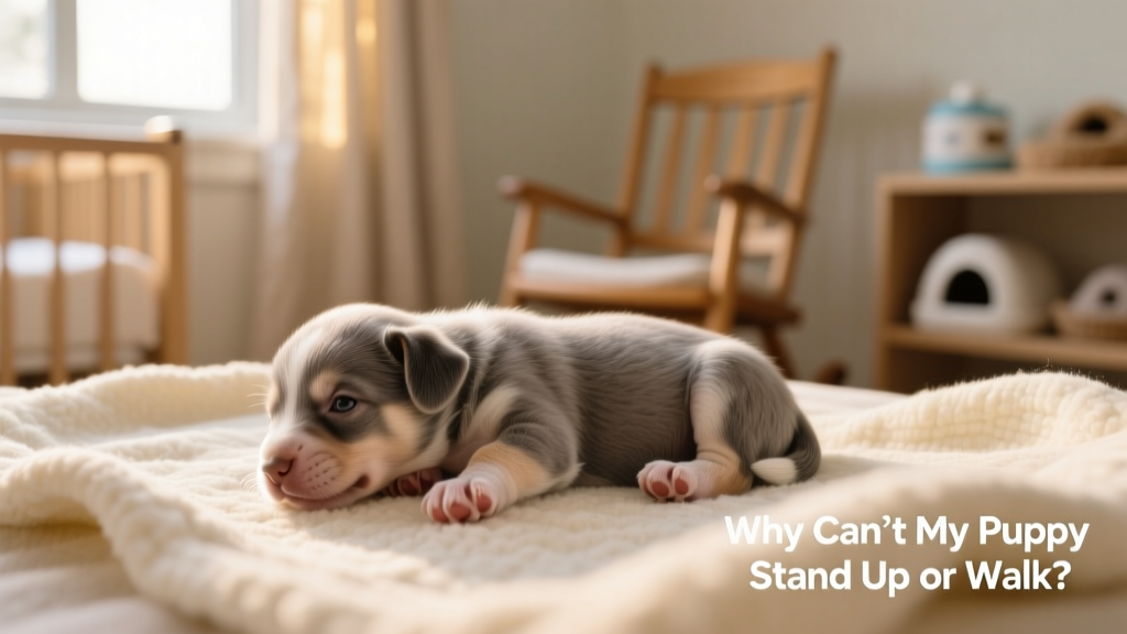 Newborn puppy lying on soft bedding, attempting to lift its head and front paws