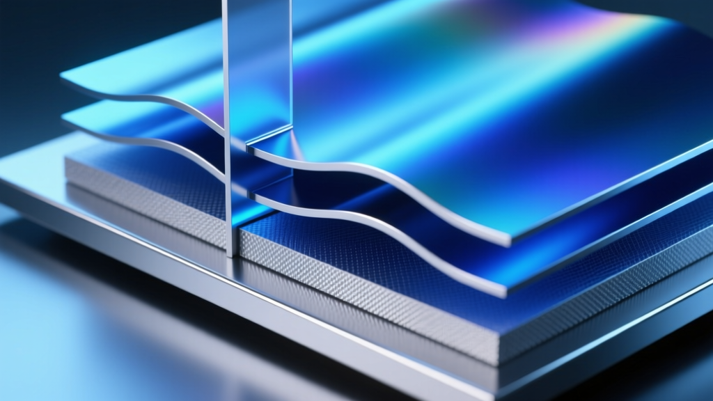 Cross-section diagram style render of PVD titanium nitride coating bonded to a surgical steel substrate under blue lighting.