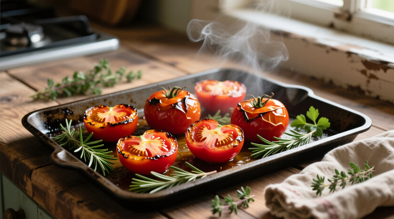 Oven-roasted tomatoes with herbs on baking sheet